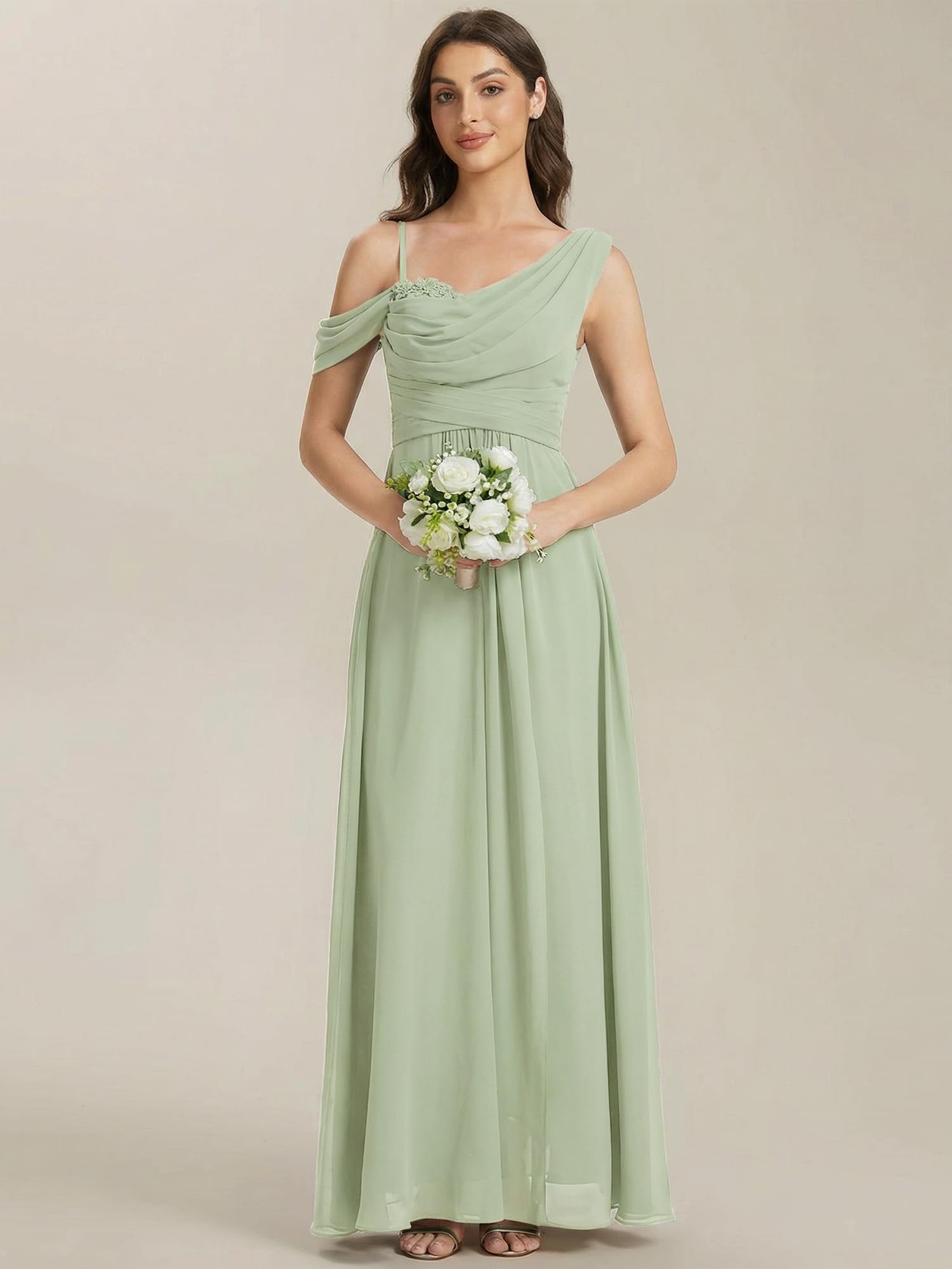 Ever-Pretty Abiti da Damigella Collo Asimmetrico Maniche Corte Chiffon Maxi Gonna Svasata ES02663