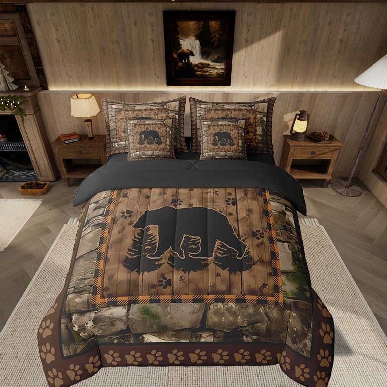 Feelyou Bären-Bettwäsche-Set für Doppelbett, Wildtier-Bettwäsche-Set mit Laken, 7-teilig, für Jungen, Mädchen, Kinder, rustikales Hüttenbett,...