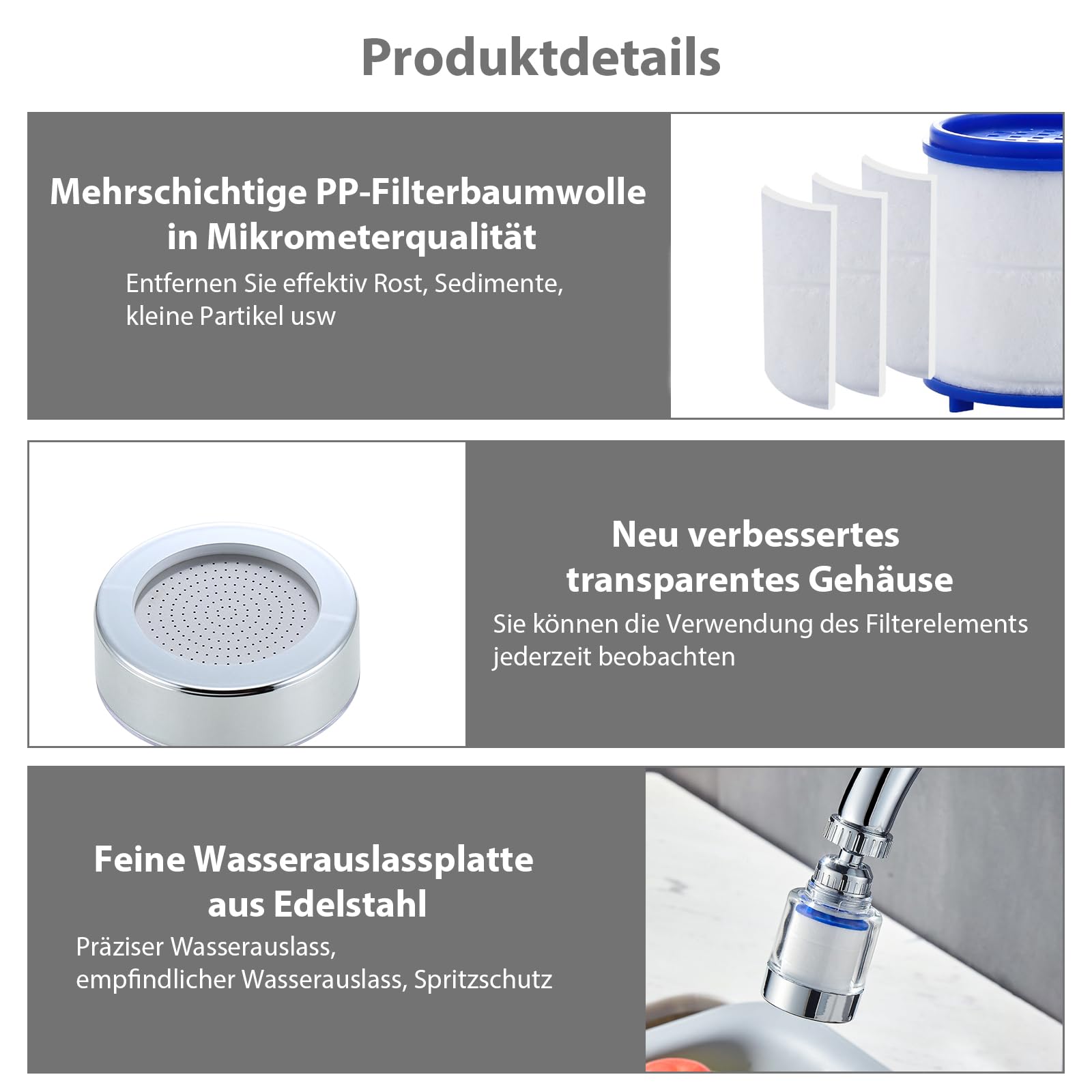 VZU Pack of 2 Tap Filters, 360° Water Filter Tap with 8 Filter Elements and Universal Adapter, Water Filter Drinking Water - Image 3