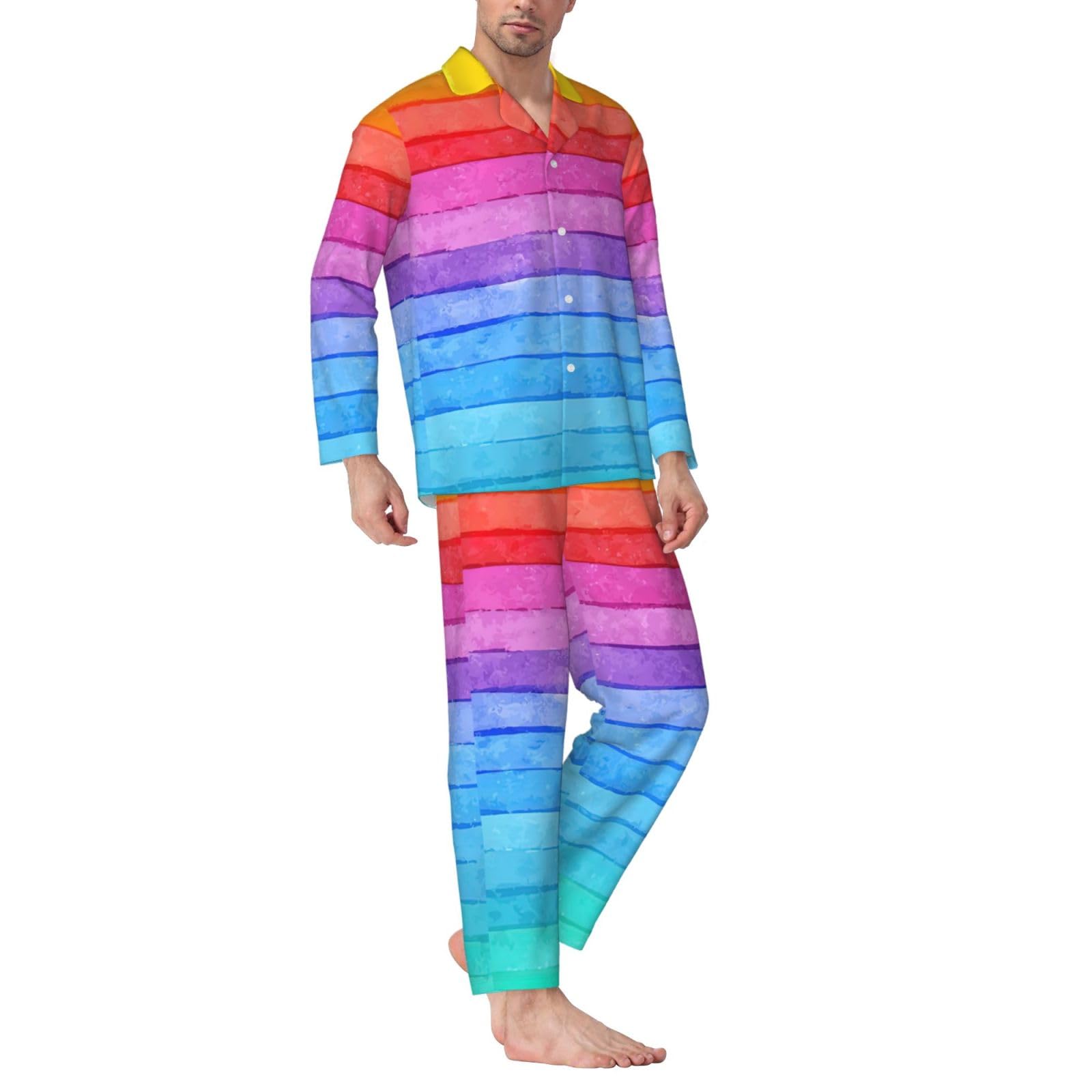 Arcobaleno Colorato A Righe Stampa Degli Uomini Manica Lunga Pigiama Set Traspirante Accogliente Lounge Wear Due Pezzi Sleepwear