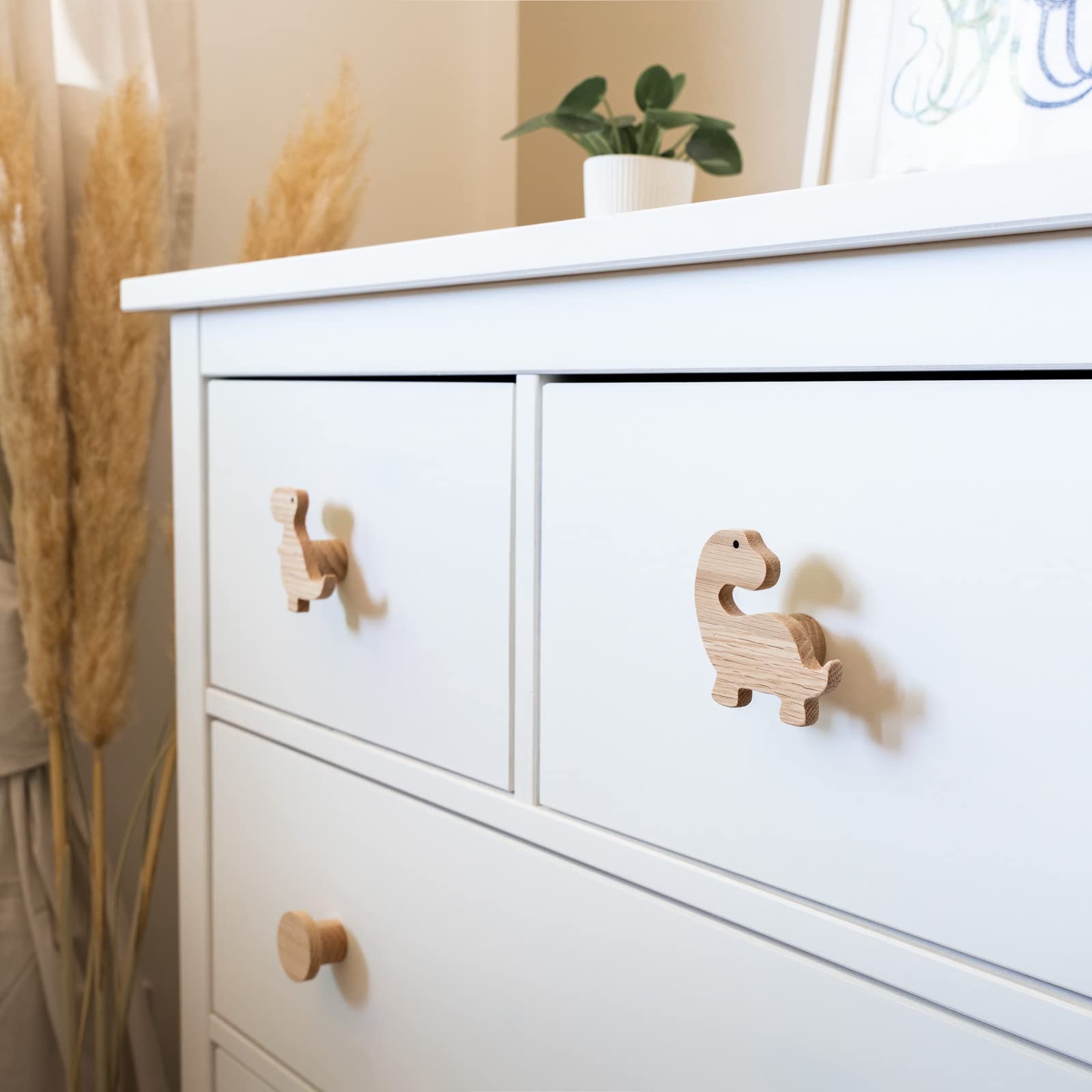 PLT Dinosaurier Griffe für Kindermöbel aus unbehandeltem Eichenholz, Knauf, Kommode, Schrank, Schublade, Tür, Kinderzimmer, Geschenk (4, Brachiosaurus, Triceratops, Tyrannosaurus, Stegosaurus)