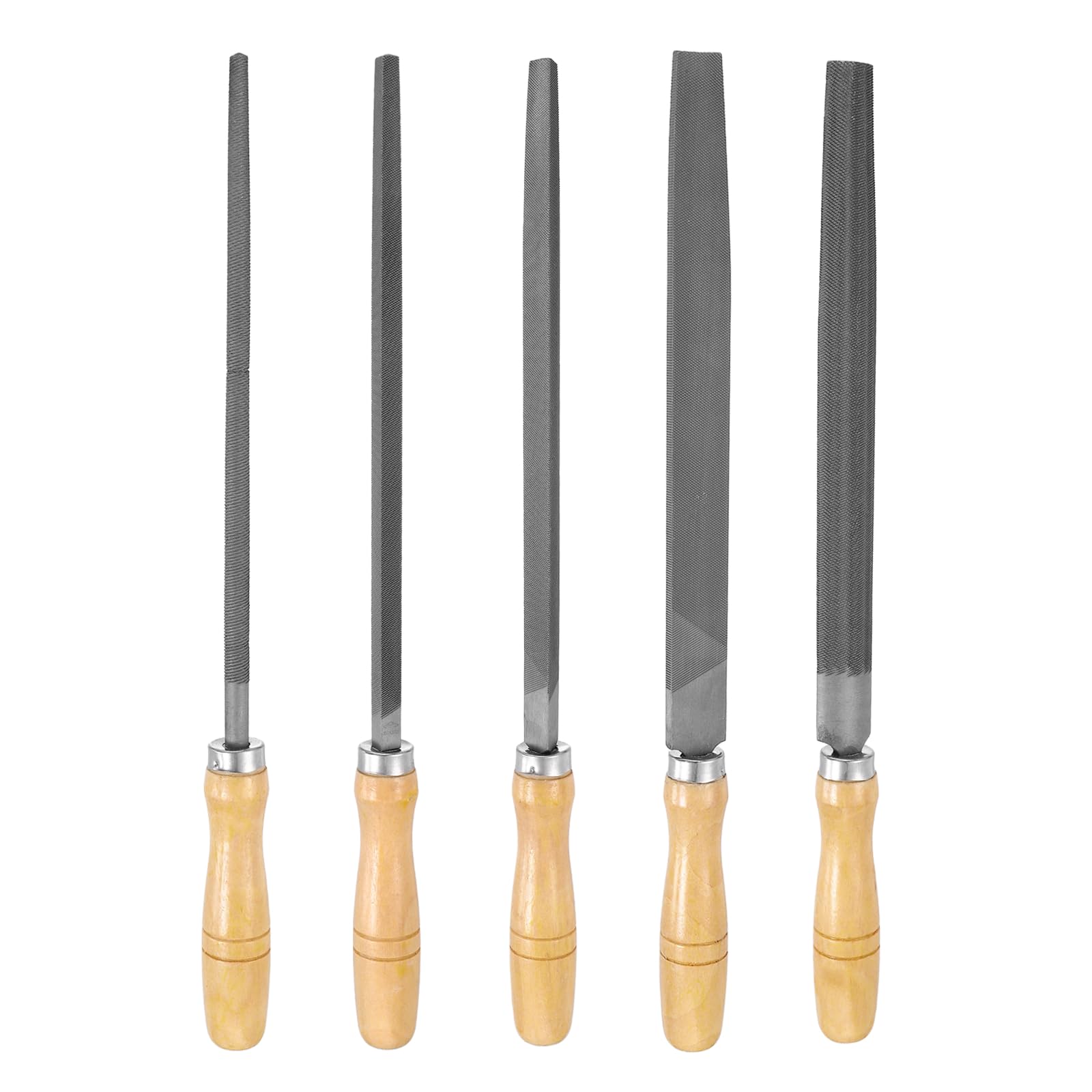 sourcing map 5pcs Metal File Set 250mm Medium Teeth High Carbon Steel Hand Files with Wooden Handle Square/Flat/Triangle/Half-Round/Round for Metal Wood Stone Grinding Polishing Engraving