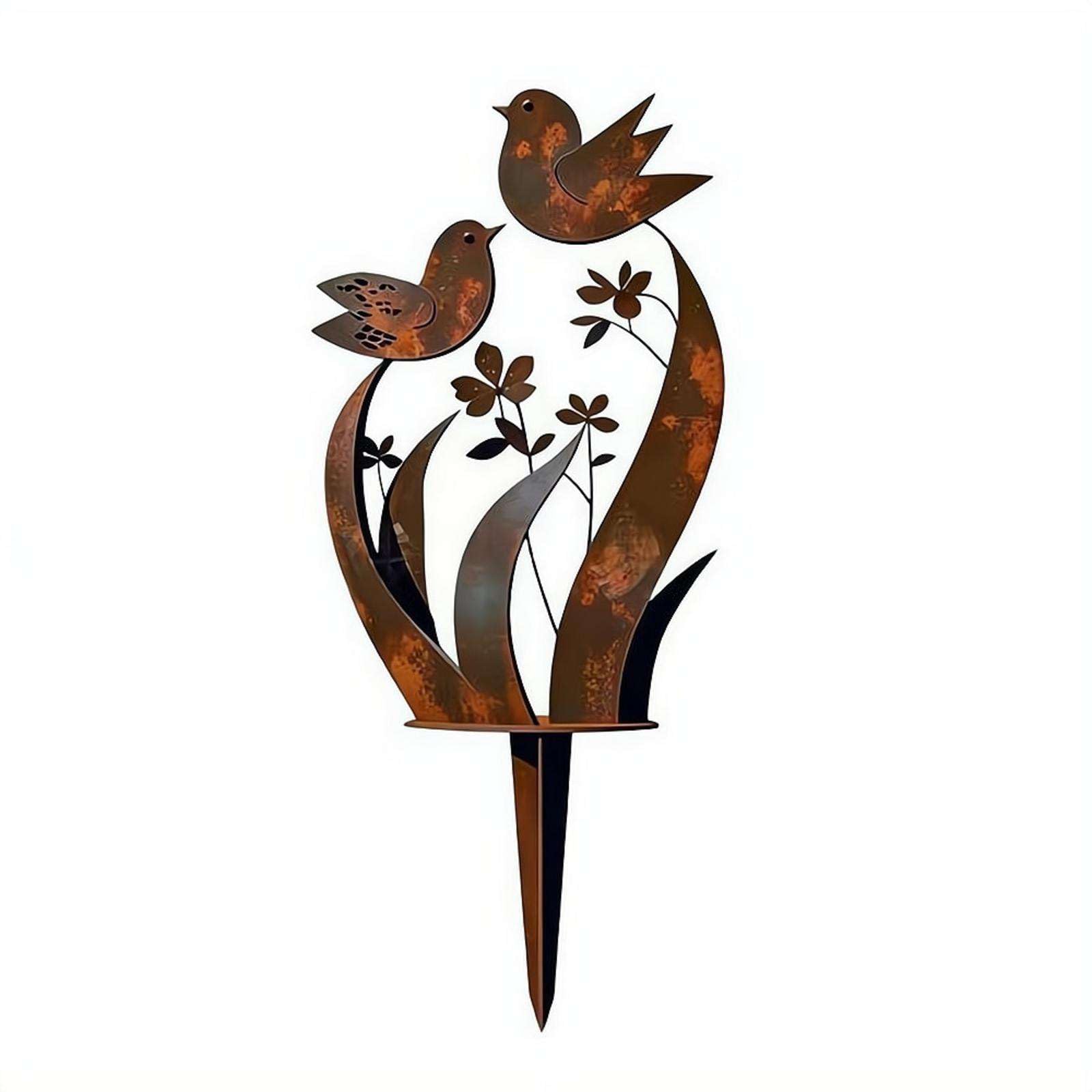 Bird and Wildflower Metal Garden Stake, Decorative Outdoor Plant Stake with Bird & Floral Design, Rustic Iron Art Decor for Yard Lawn Flower Bed Potted Plants