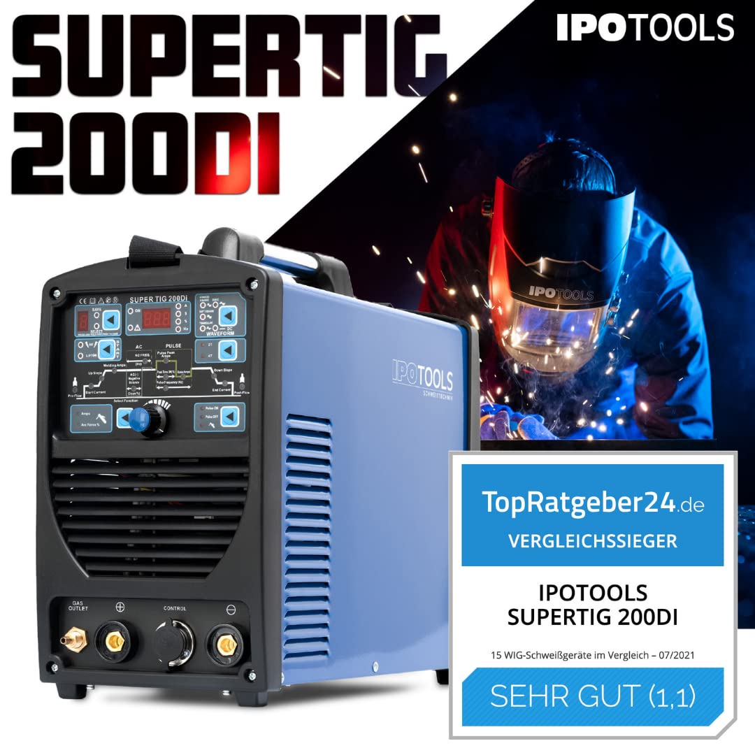 IPOTOOLS Super spawarka inwertorowa WIG 200DI AC DC 200 A, w pełni cyfrowa spawarka inwertorowa, z zapłonem HF, funkcją pulsu, MMA, IGBT