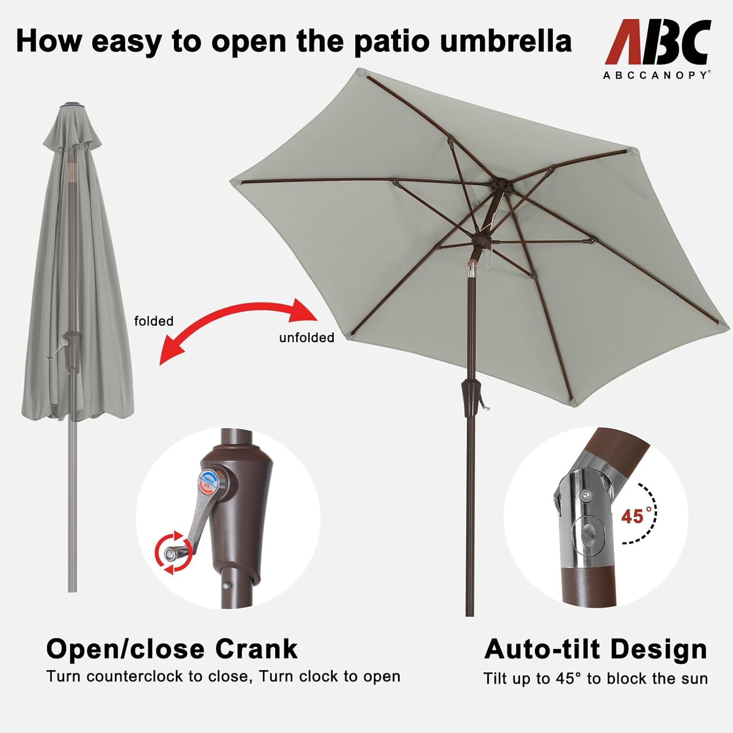 ABCCANOPY 7.5FT OutdoorPatio Umbrella, UV Protection Table Umbrella w/Crank for Easy Set Up, Suitable for Garden, Lawn, Deck & Backyard (Gray) - Image 6