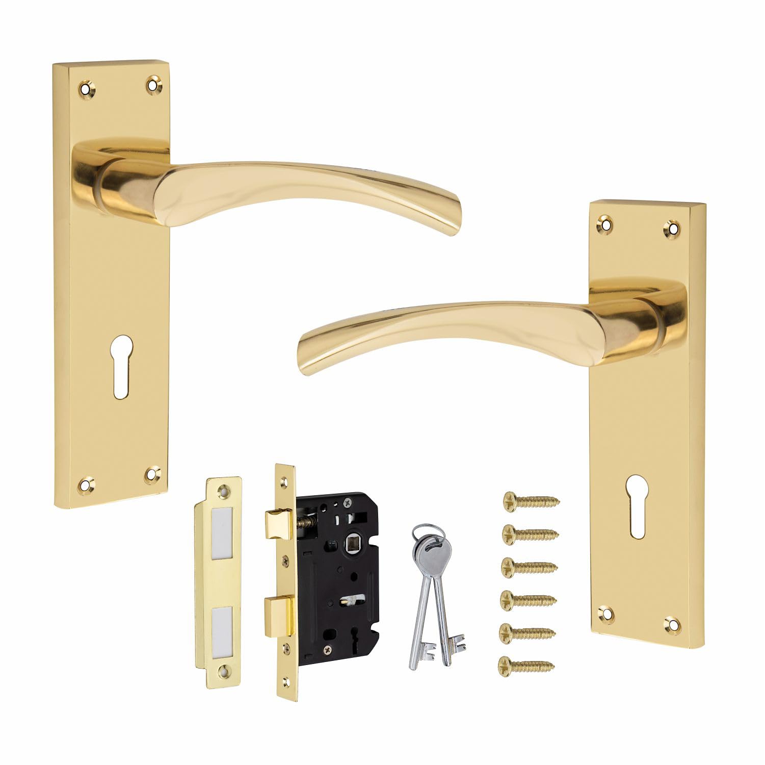 Golden Grace Victorian Scroll Astrid Door Handles Lever Lock in Gold Polished Brass with 64mm 3 Lever Lock Set - 150mm x 40mm Backplate