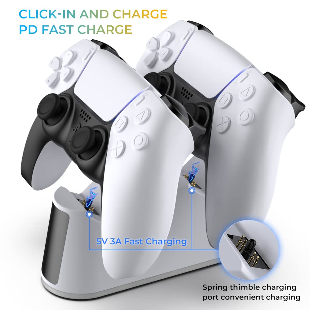 Charger Station for PS5 Controller with Adjustable Light, Fast Charge for Dual PS5 Controller, Upgrade Click in Design with LED Icon Indicator, Safe Charging for Playstation 5 Dualsense Controller