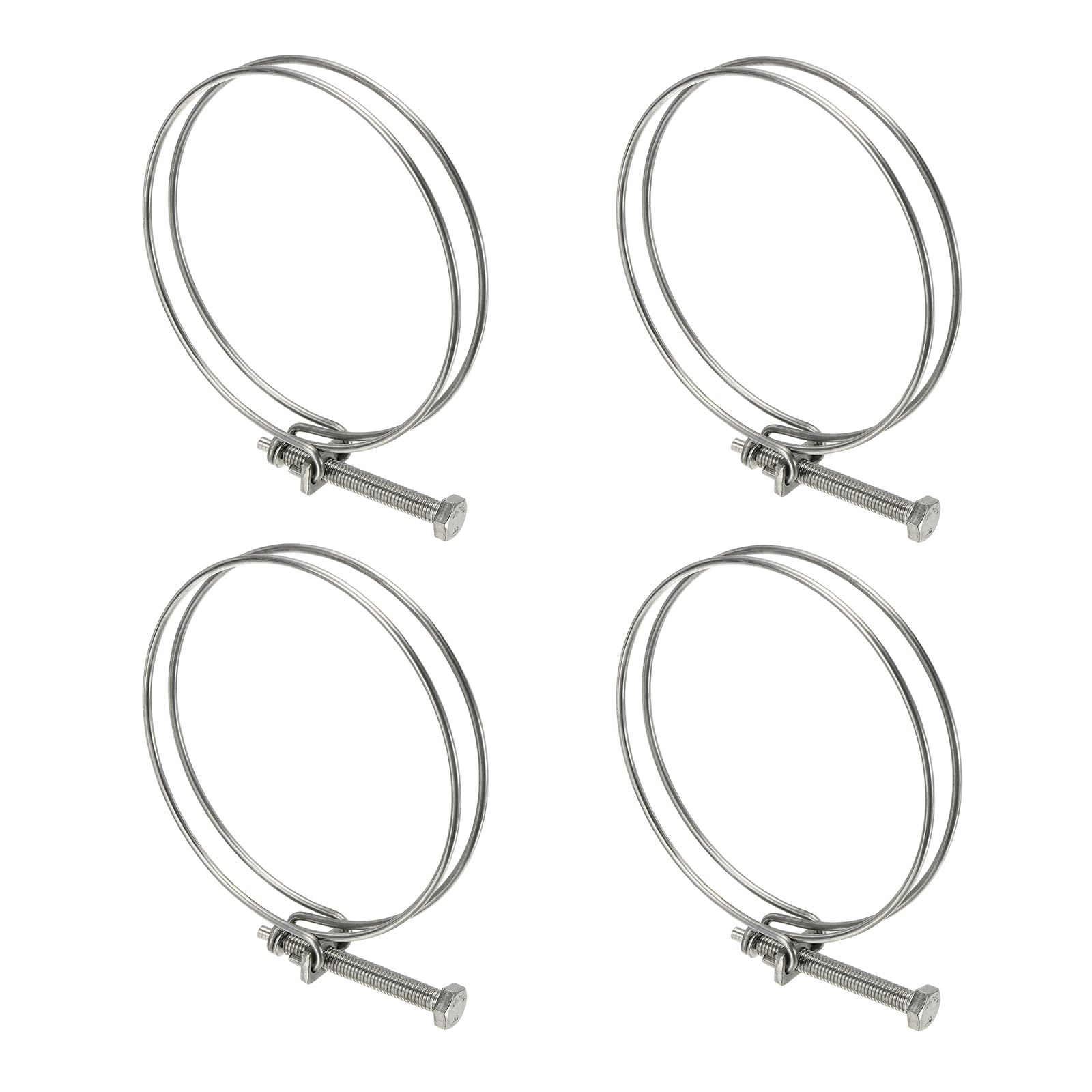 sourcing map 4 Pcs Double Wire Hose Clips 120-130 mm 304 Stainless Steel Adjustable Wire Pipe Tube Clamps with M8 Screw Plumbing Joint Fastener for Dust Collection Pool Pond, Silver