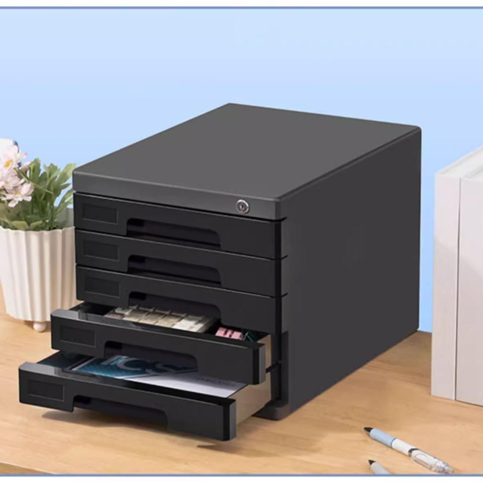 Armadietto portadocumenti A4 con serratura a 5 ripiani, in plastica, con chiusura di sicurezza e linguette, per ufficio e casa, ideale per cartelle Noteboo e Paper Stora (nero)