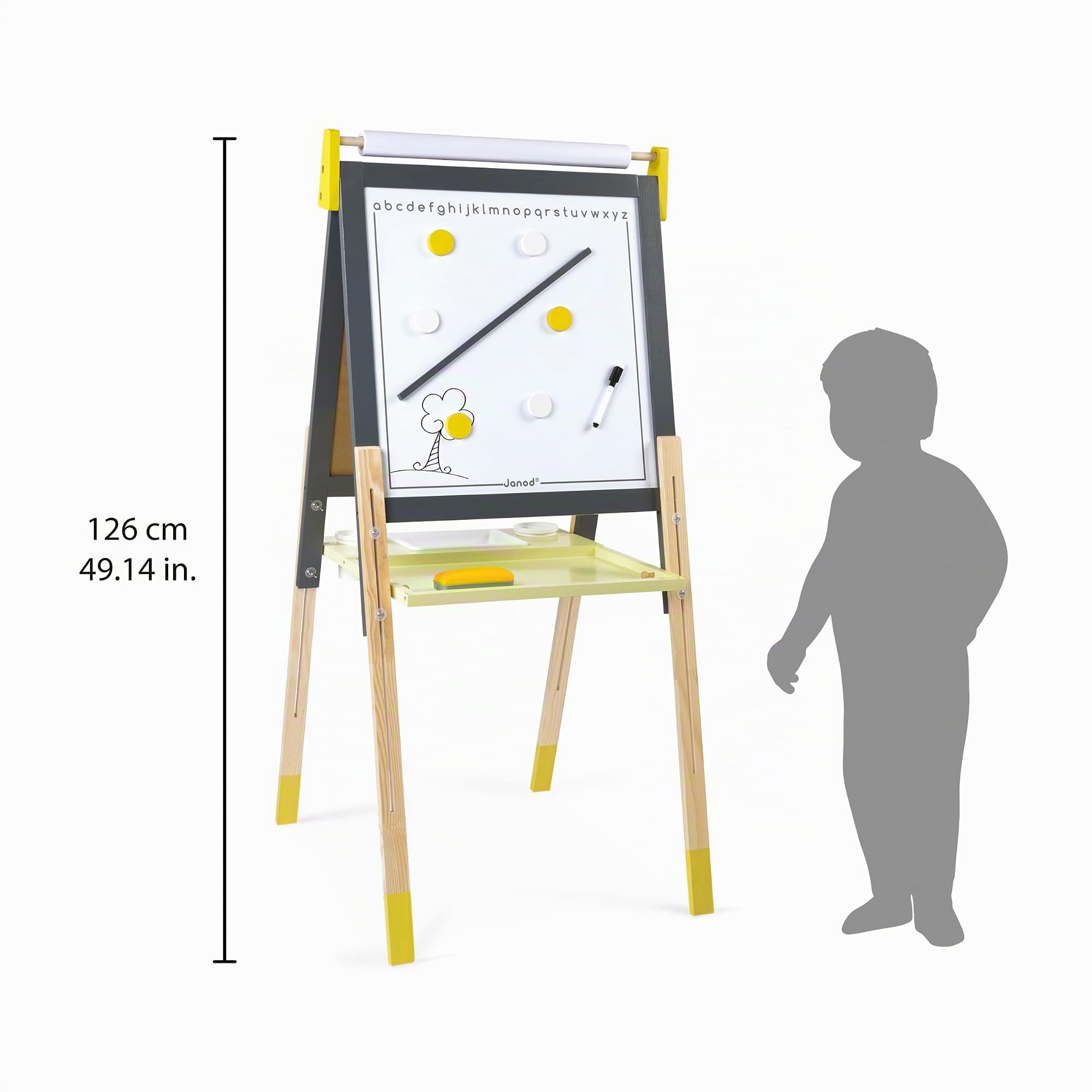 Janod - Tableau Double Face en Bois Gris et Jaune - Face Noire et Face Blanche Magnétique -Tableau Réglable en Hauteur - Avec Rouleau Papier Dessin - Nombreux Accessoires - Dès 3 Ans, J09630