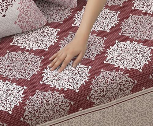Image of FRESH FROM LOOM Cotton Reversible Diwan Set Maroon - 1 Single Bedsheet with 2 Bolster Covers and 5 Cushion Covers (8pc Set)