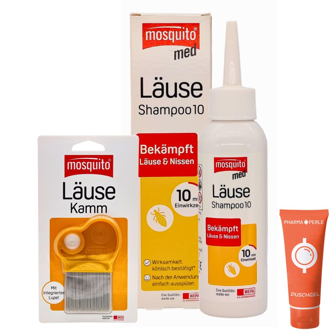 Mosquito med Läuse-Shampoo 10 100 ml + Mosquito Läuse-Kamm I Set zur Anwendung bei Läusen & Nissen I mit White-Oil I ab 1 Jahr I Haarpflege Set I mit Pharma Perle Duschgel