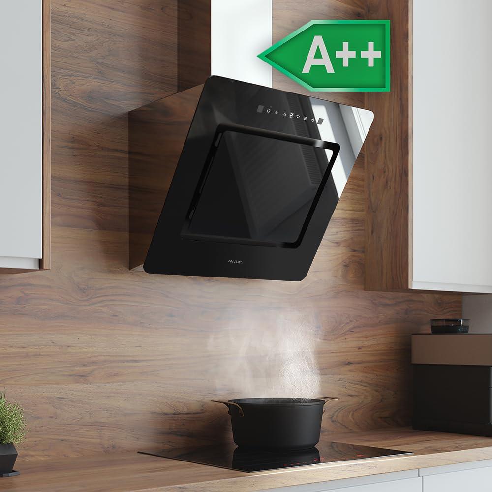 Cecotec Campana Extractora Decorativa 60 cm Bolero Flux DT 608002 Glass Black A++, 210W, Iluminación LED, Succión 800m3/h, Control Táctil, 3 Niveles, Filtro Carbono, Hand Movement, Delay Function