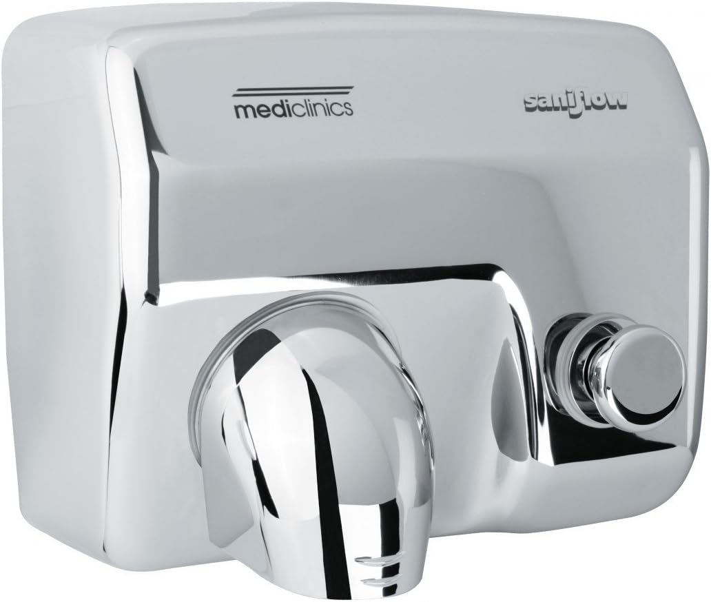 E88C Push Button Operated Hand Dryer, Steel One-piece Cover with Bright (Polished) Chrome Plated Steel 5/64" (1.9 mm) Thick, Aluminum Centrifugal Turbine with Double Symmetrical Inlet