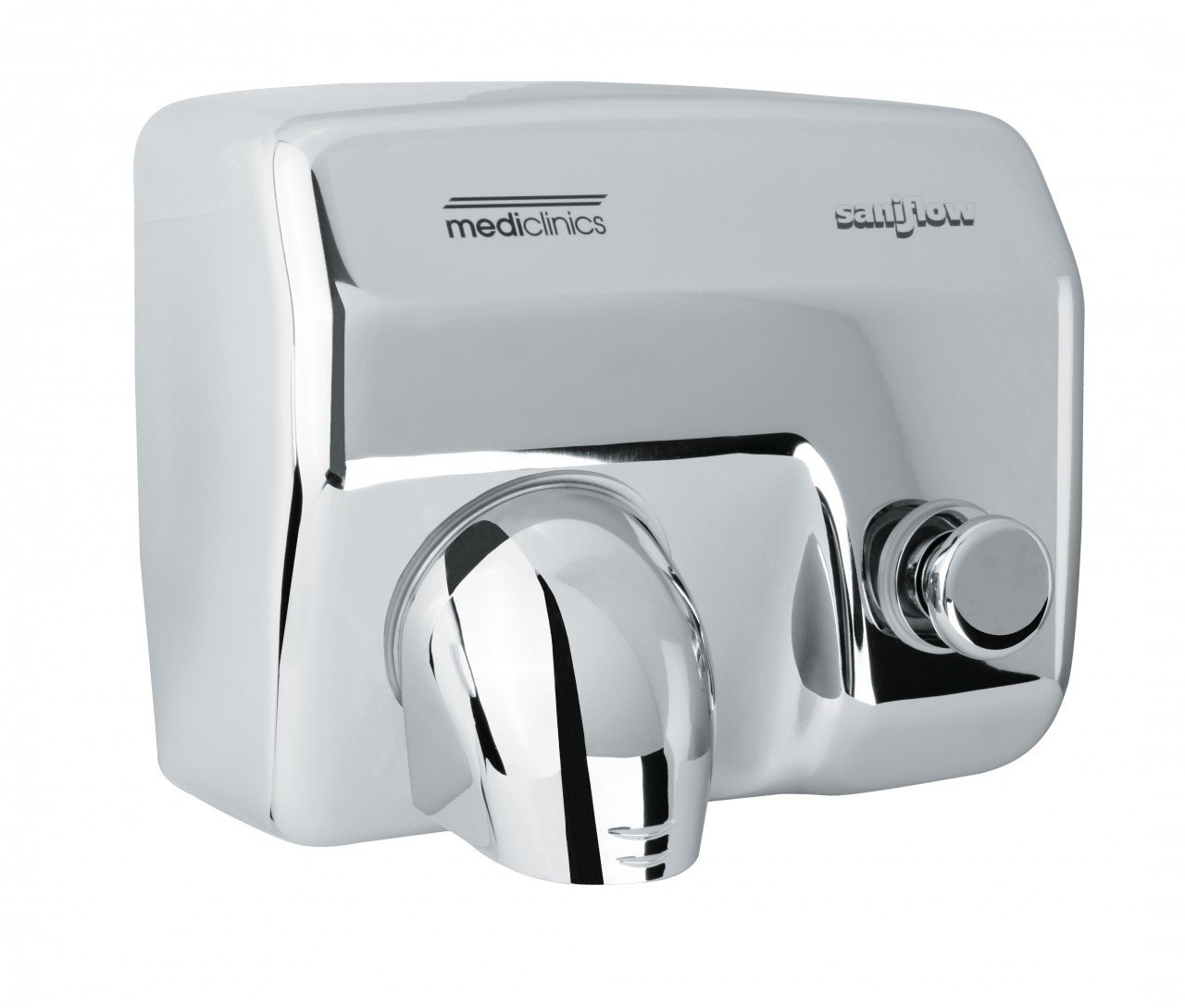 Saniflow E88C Push Button Operated Hand Dryer, Steel One-piece Cover with Bright (Polished) Chrome Plated Steel 5/64" (1.9 mm) Thick, Aluminum Centrifugal Turbine with Double Symmetrical Inlet