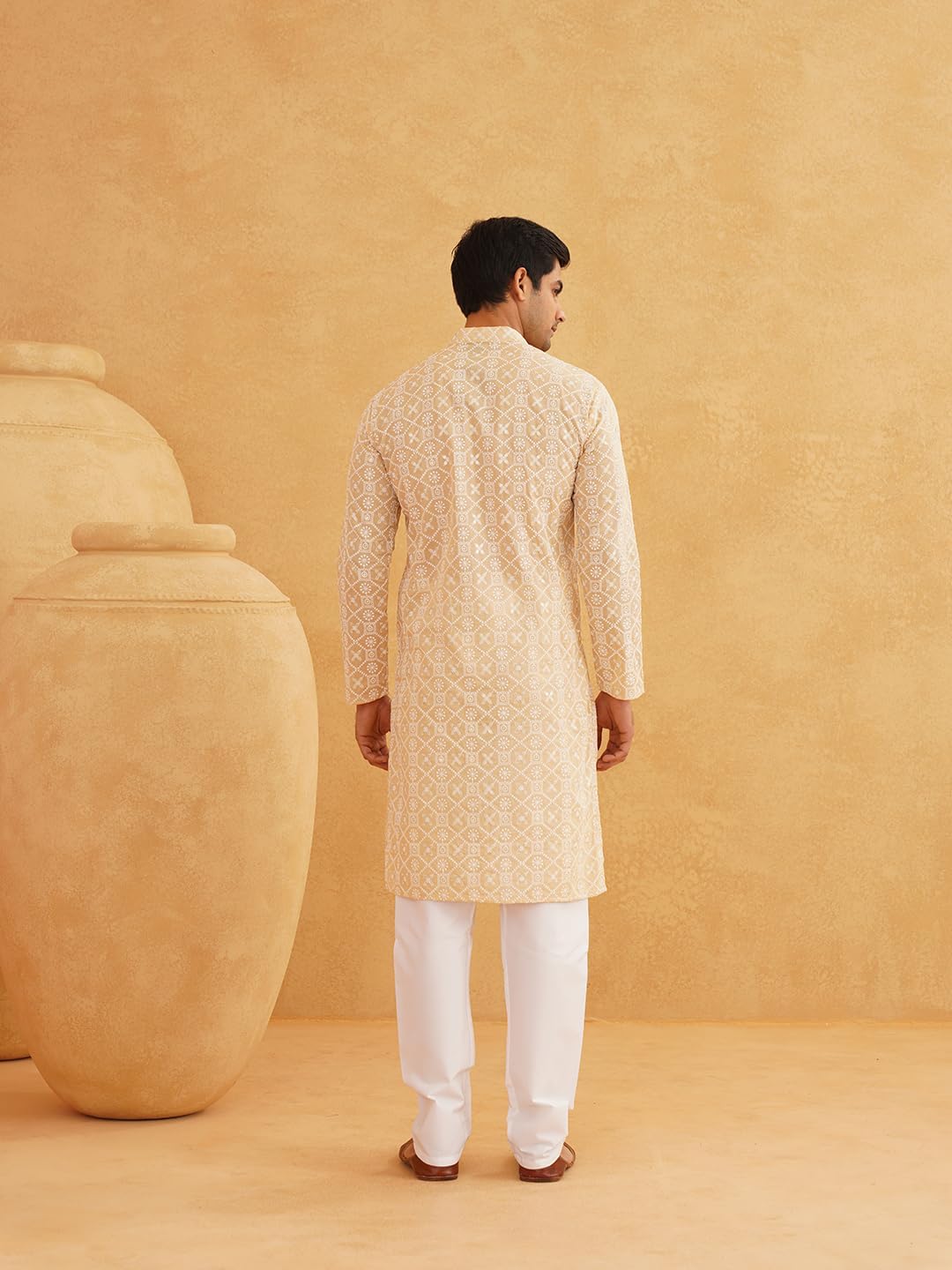 Sojanya (Since 1958 Men'S Cotton Gold Sequence Embroidered Kurta With White Churidaar Pyjama - Image 4