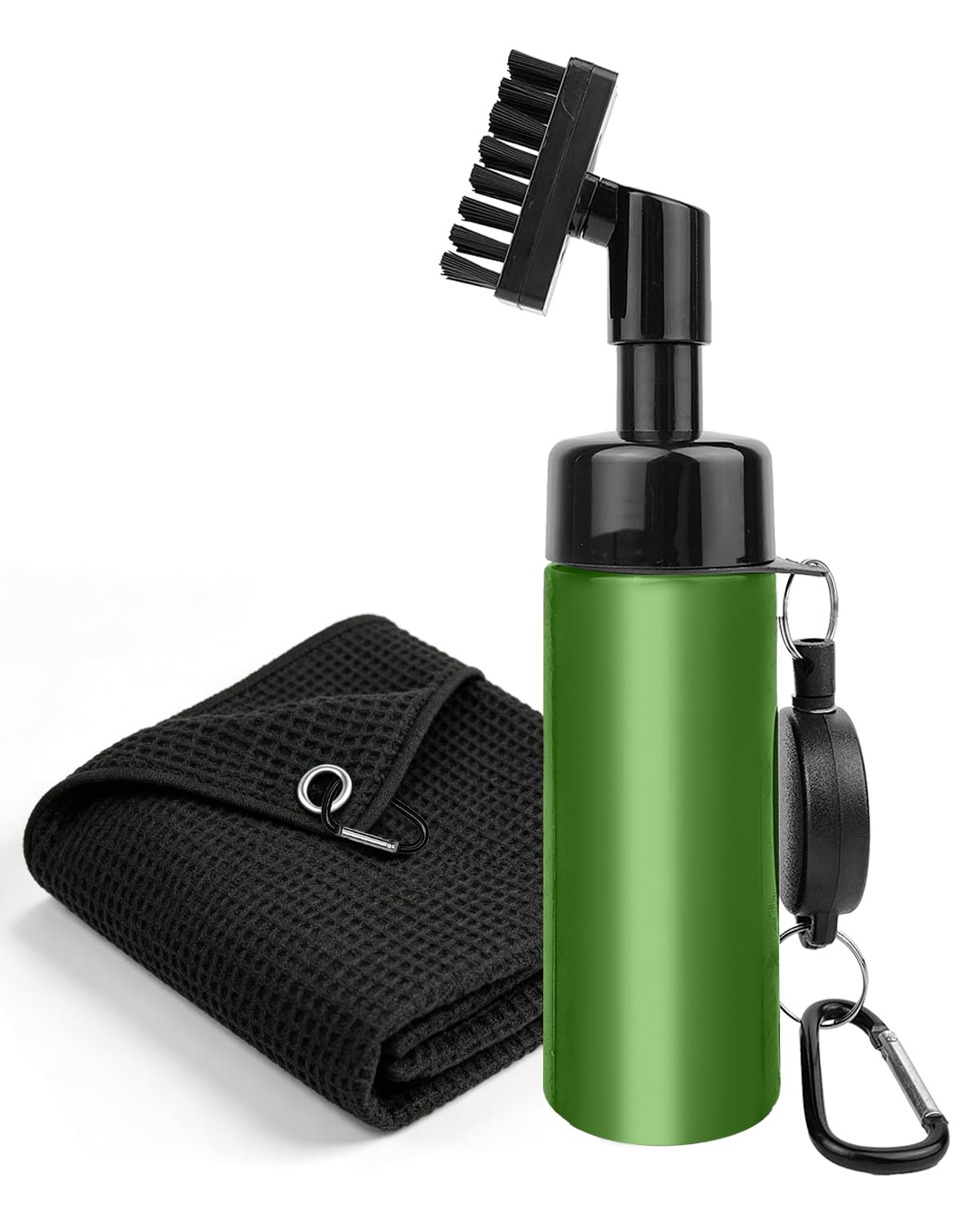 Maraiss Golf Cleaning Brush with Water Spray, Portable Golf Club Cleaner with Nylon Bristles, Retractable Cord Golf Brush Kit with Towel & Hook – Green