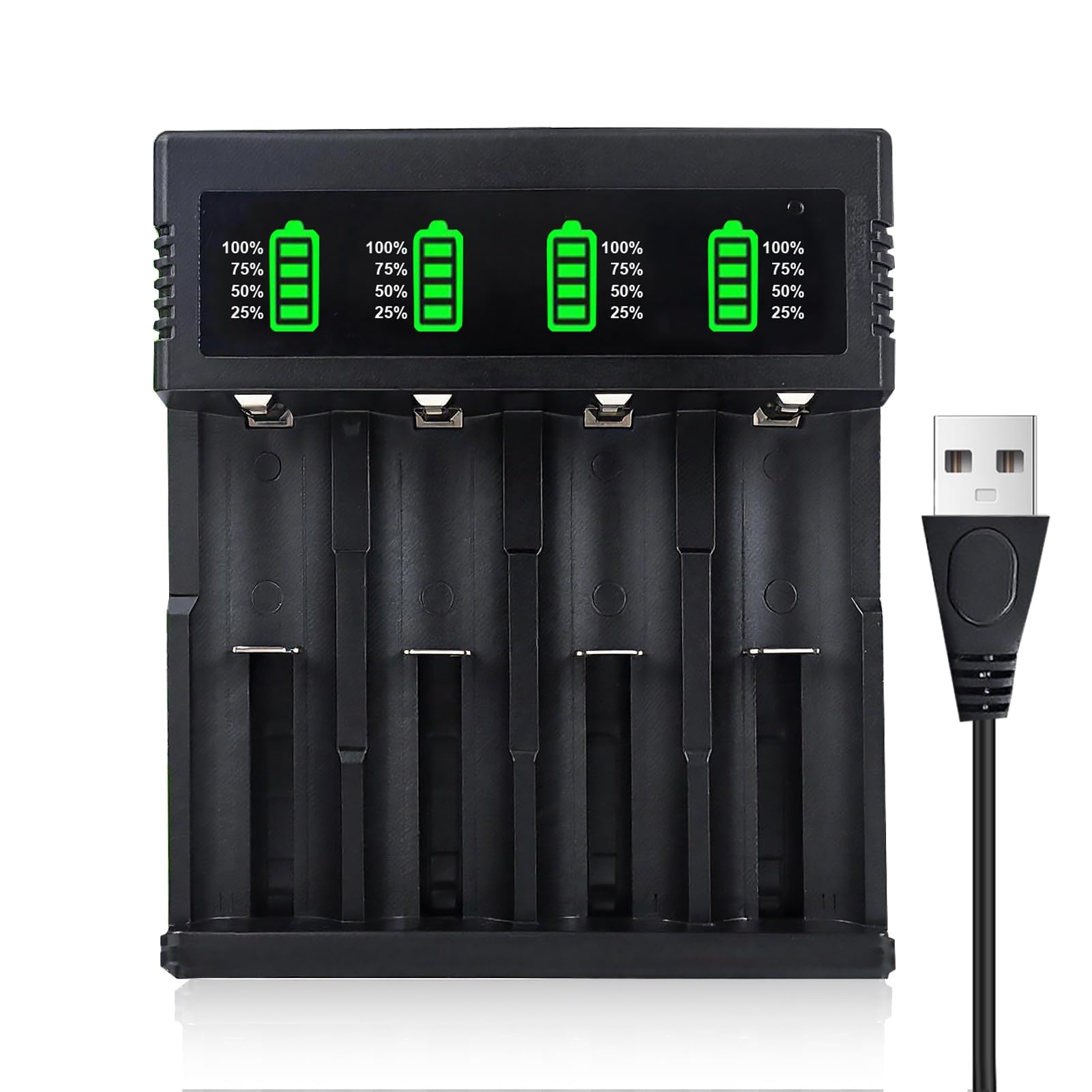 Cargador de Batería para 18650 10440 14500 16340 26650 26700 21700, 4 Ranuras Cargador Universal de Carga Rápida Recargables con Indicadora LED para 3.7V Li-Ion Batería, 53cm Cable USB — view 7