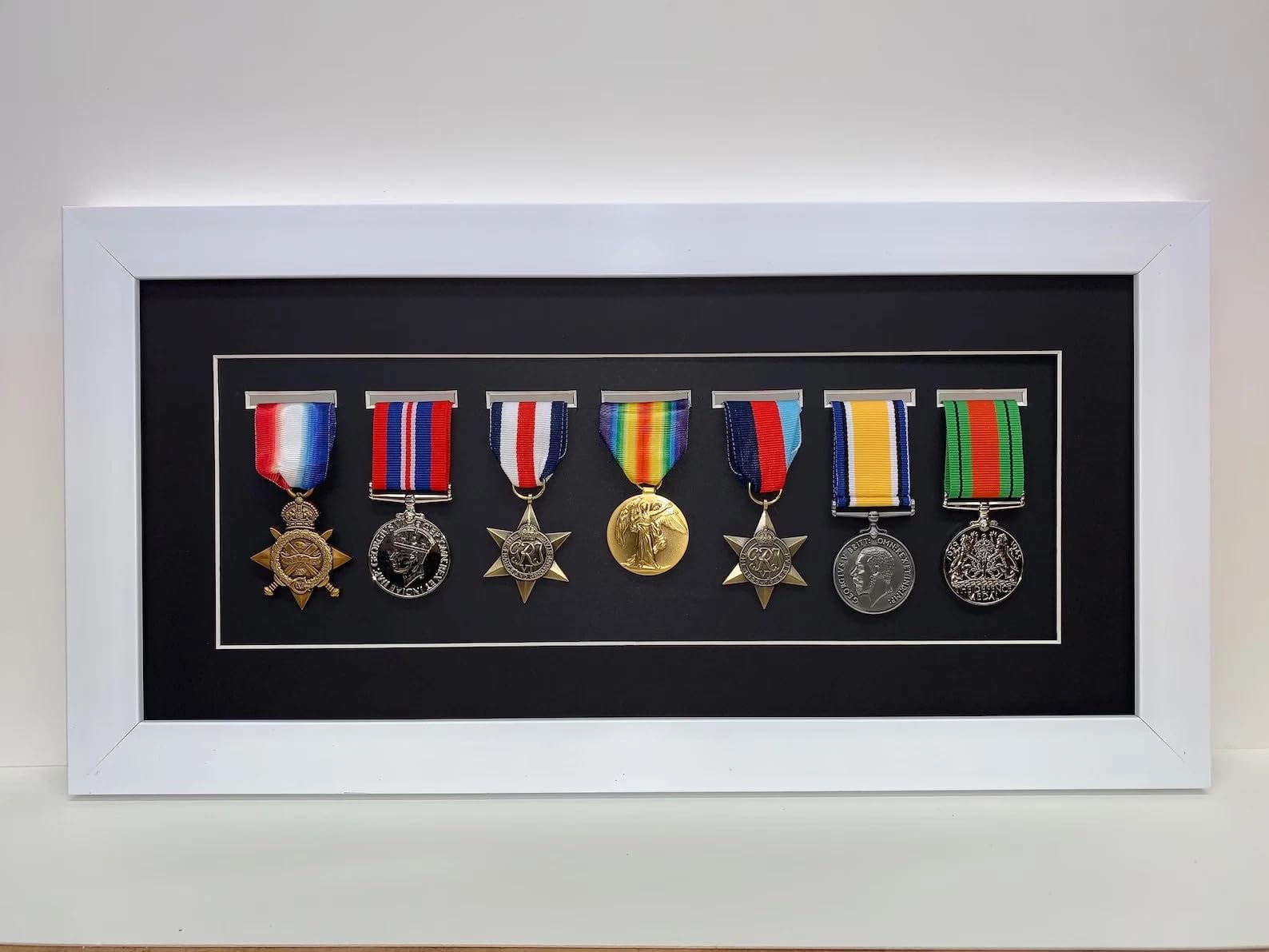 Kwik Picture Framing Ltd 7 Medal Military Medal Display Frame 48x26cm, Black Mount - Extra Large Deep Shadow Box Case for Army Navy RAF War Memorabilia Display | Wall Hanging Frame