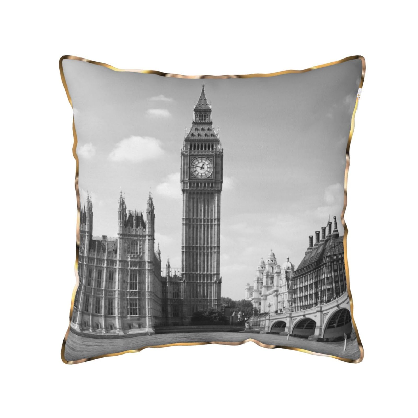 AUBKFELD London Printed Velvet Cushion Cover 40x40 CM with Gold Edging Strip, Square Pillowcase Soft Throw Pillow Covers Case Decorative for Living Room Sofa Couch Bed Bench