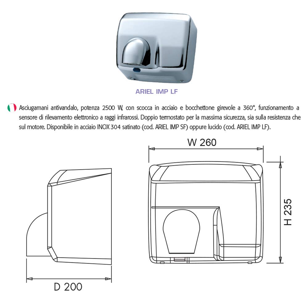Asciugamani Elettrico Antivandalo in Acciaio Inox Lucido 2400W Ariel