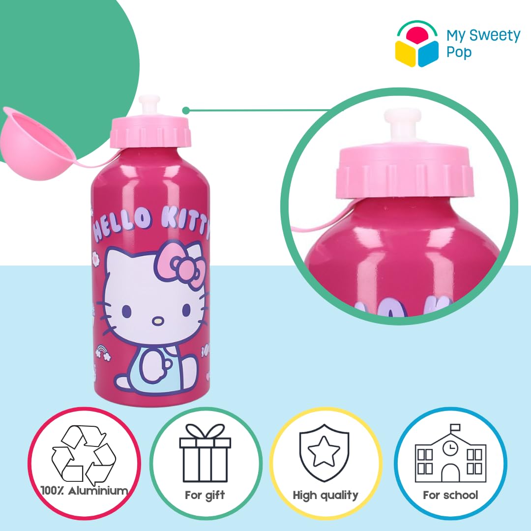 My sweety pop, Hello Kitty Girls Water Bottle, Aluminium, Kids, Nursery, Kindergarten, School, Holiday, Meal, 19cm, 500ml - Image 4