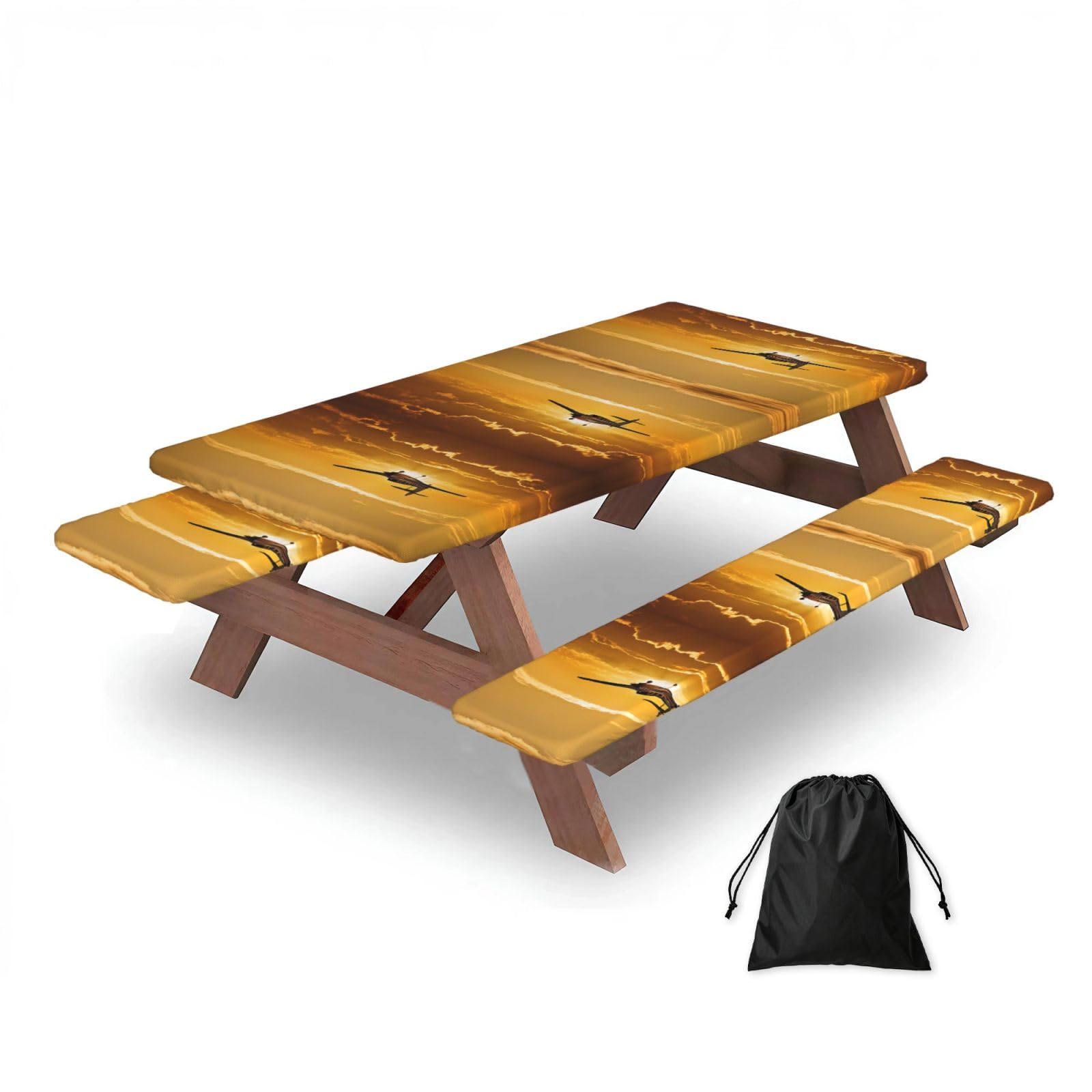 ESNAIUVCD Aircraft Plane At Sunset Print Picnic Table Cover With Bench Covers,Camping Essentials,Fitted Tablecloth Cover With Elastic Edge, For Indoor & Outdoor 3 Pcs