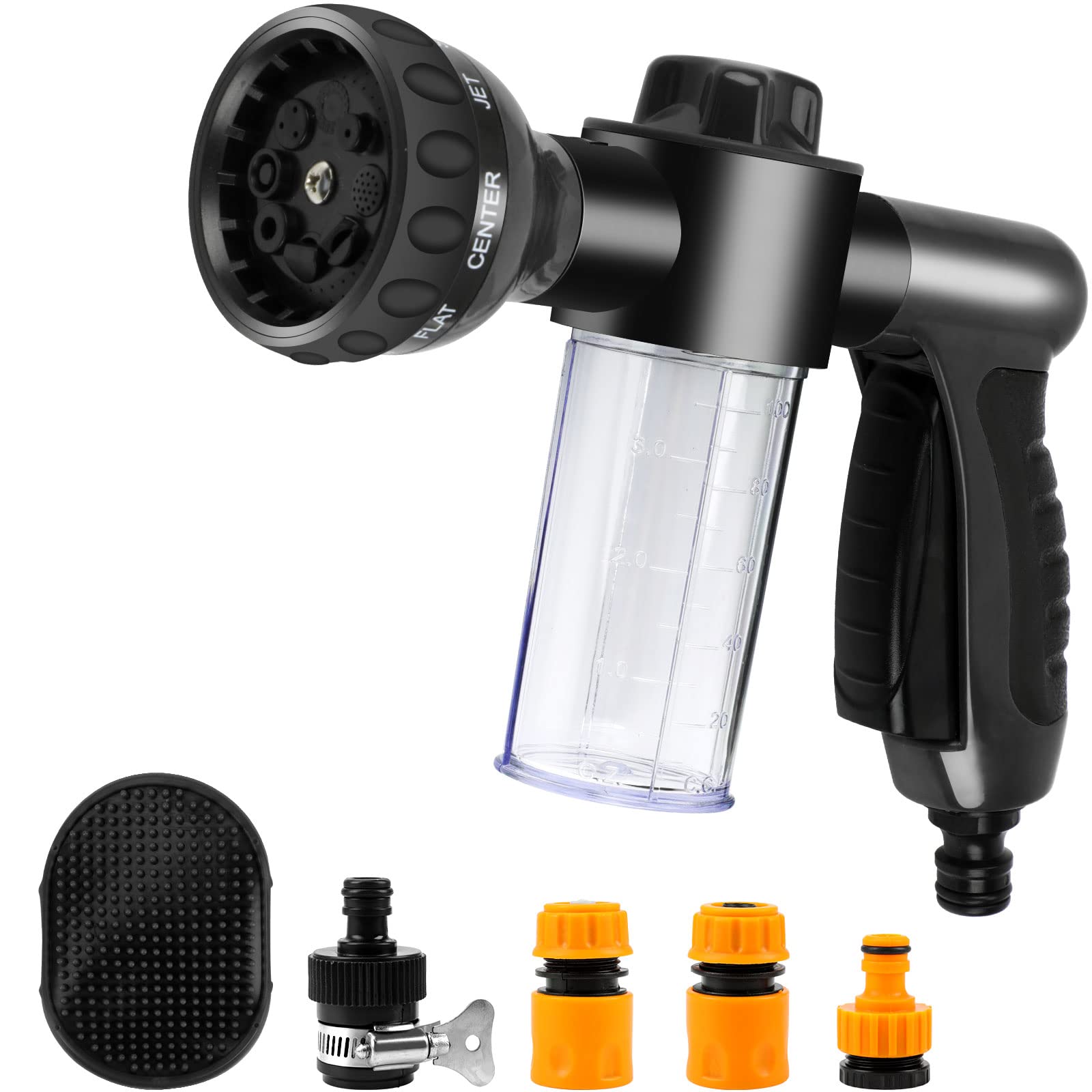 6 Pieces Pet Bathing Tool Set Include Hose Spray Nozzle Livestock Foamer Soap Dispenser with Connectors and Dog Rubber Comb Brush, Dog Bathing Sprayer for Pets Showering