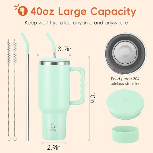 Miniatura 7 de VUSIGN Vaso de 40 onzas con asa y tapa con pajilla, vaso de acero inoxidable aislado al vacío, taza de viaje para agua, té helado, café, batido,