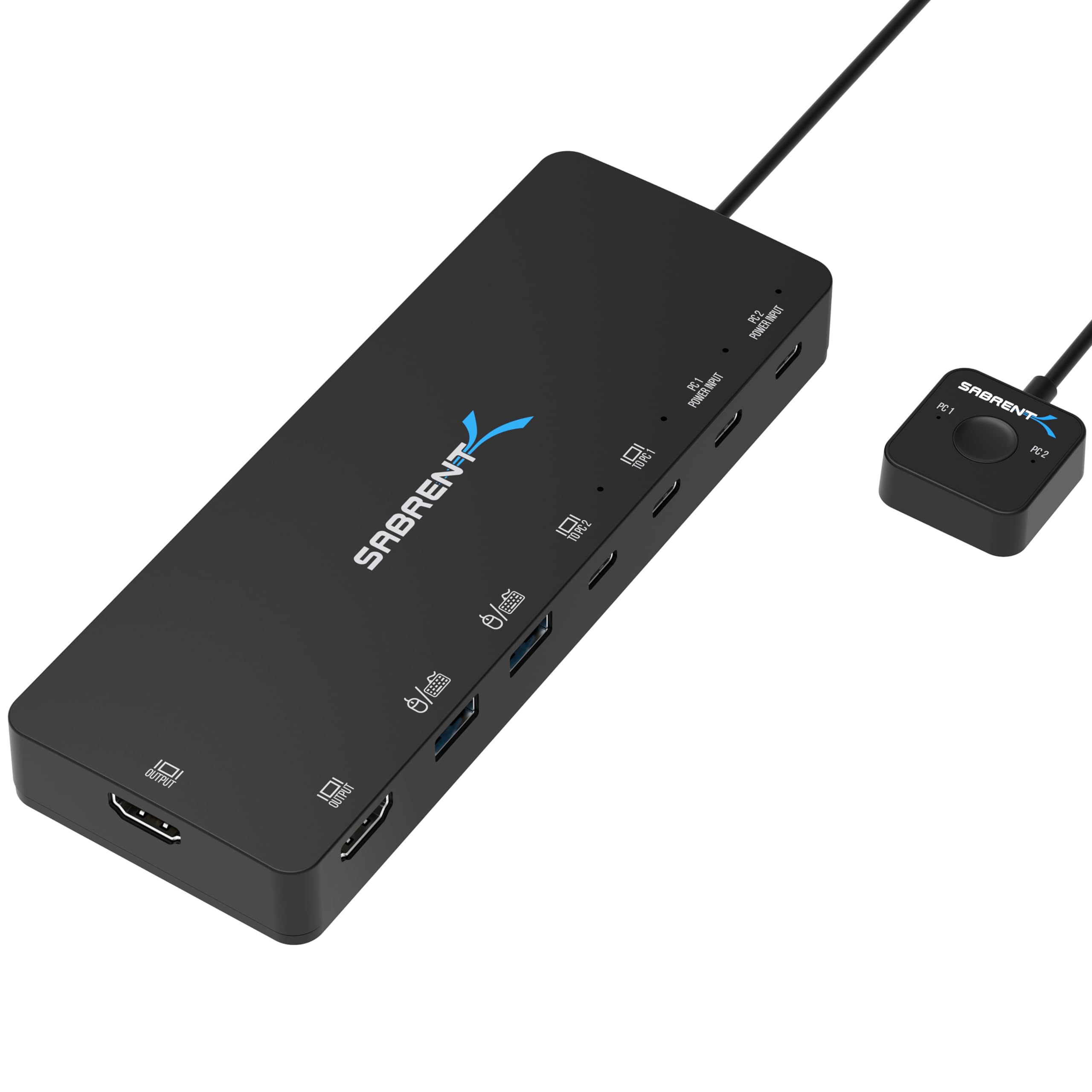 SABRENT KVM Switch, 2 port USB C Inputs, 2 outputs avec 60W PD, 2 USB, 2 port HDMI 4K@60Hz pour moniteur, ordinateur portable, PC, imprimante, scanner, souris, clavier Indicateurs de périphériques LED
