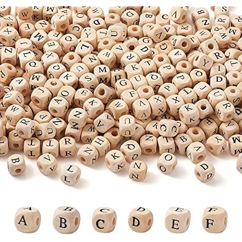 KISSITTY 520pcs/bag Cube Wood Beads with Initial 26 Letters 10mm Natural Square Alphabet Wooden Loose Beads for Jewelry DIY Crafts Making PapayaWhip Cover