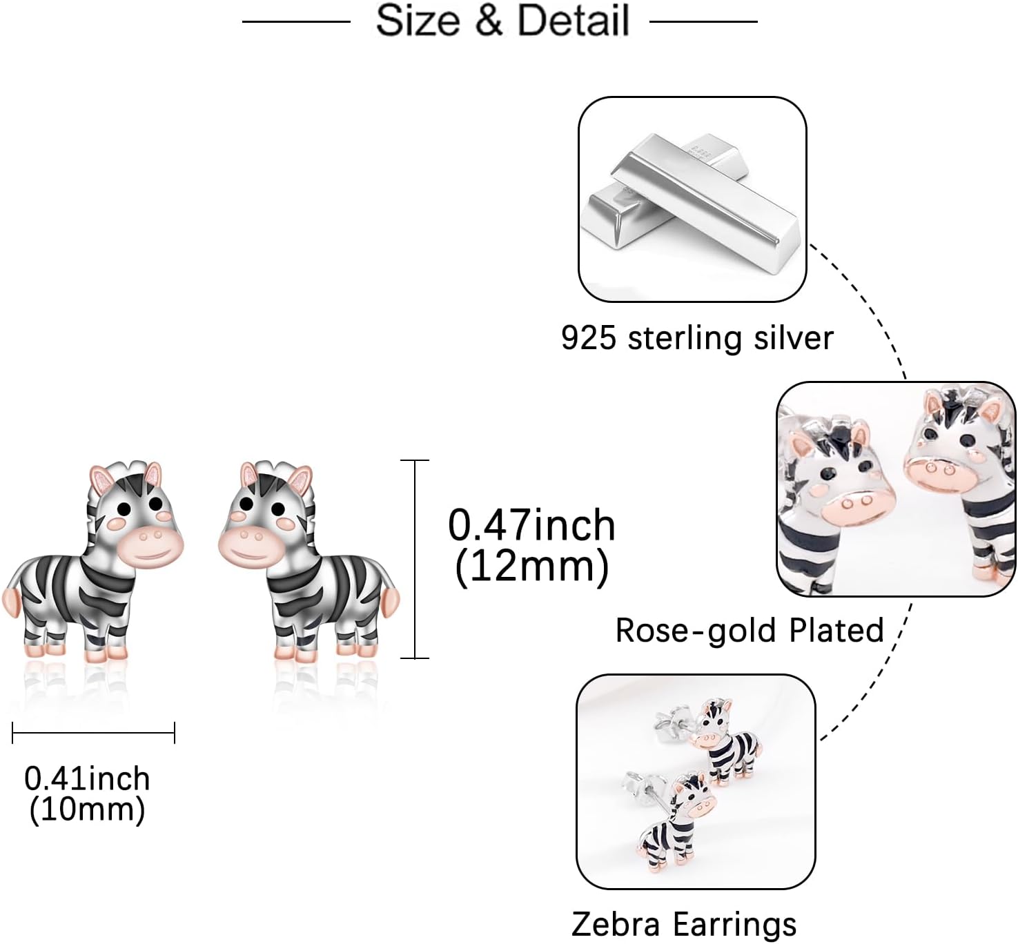 Zebra Earrings for Women - 925 Sterling Silver Cute Zebra Studs Earrings Jewelry Cartoon Animal Earrings Zebra Gift for Women