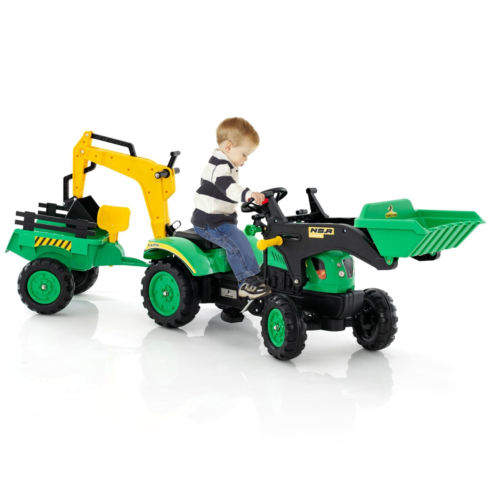 RELAX4LIFE Trattore per Bambini 3 in 1 3-6 Anni con 2 Benne Regolabile e Rimorchio Staccabile con 6 Ruote, Carico Bulldozer 35 kg (VERDE)