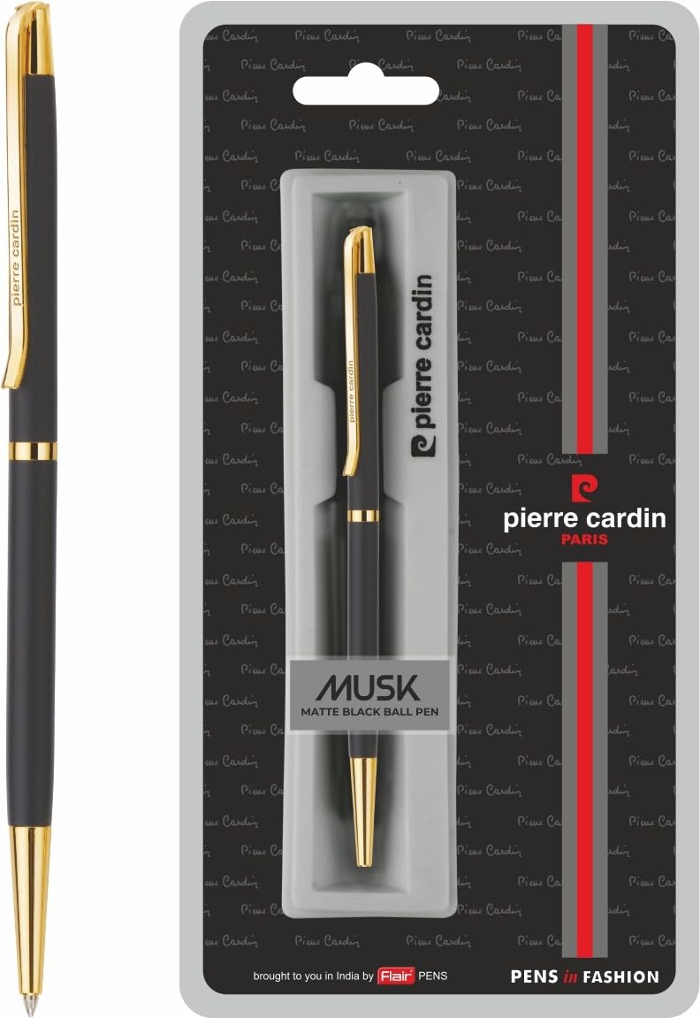 Pierre Cardin Musk Matt Black Premium Ball Pen With Twist Mechanism | Luxurious Slim Body Design with Long Gold Finish Clip | Ideal for Festive & Corporate Gifting