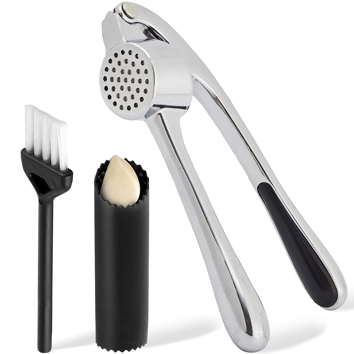 Premium Garlic Press Set - Stainless Steel Mincer Crusher Grater Tool with Silicone Peeler and Brush - Dishwasher Safe Metal Presser Grinder Smasher Masher Squeezer Shredder for Ginger, Butter, Herb