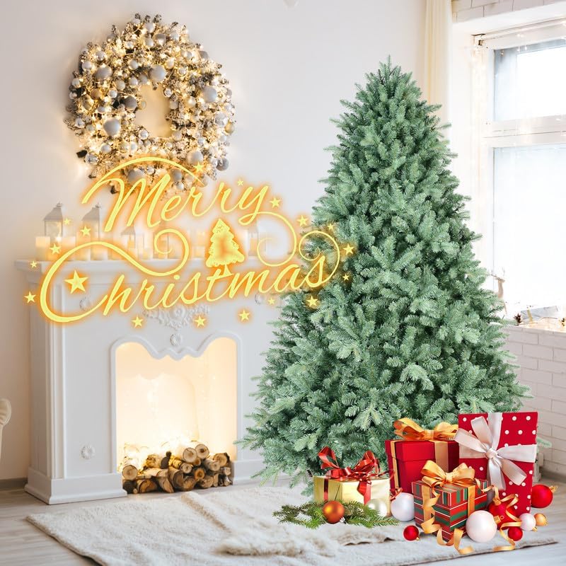 8FT Blue-Green Tint Christmas Tree with 3308 PE+PVC Tips – Unique Full-Bodied Tree with Hinged Branches, Easy Assembly, Stable Metal Stand, Eye-Catching Holiday Decor