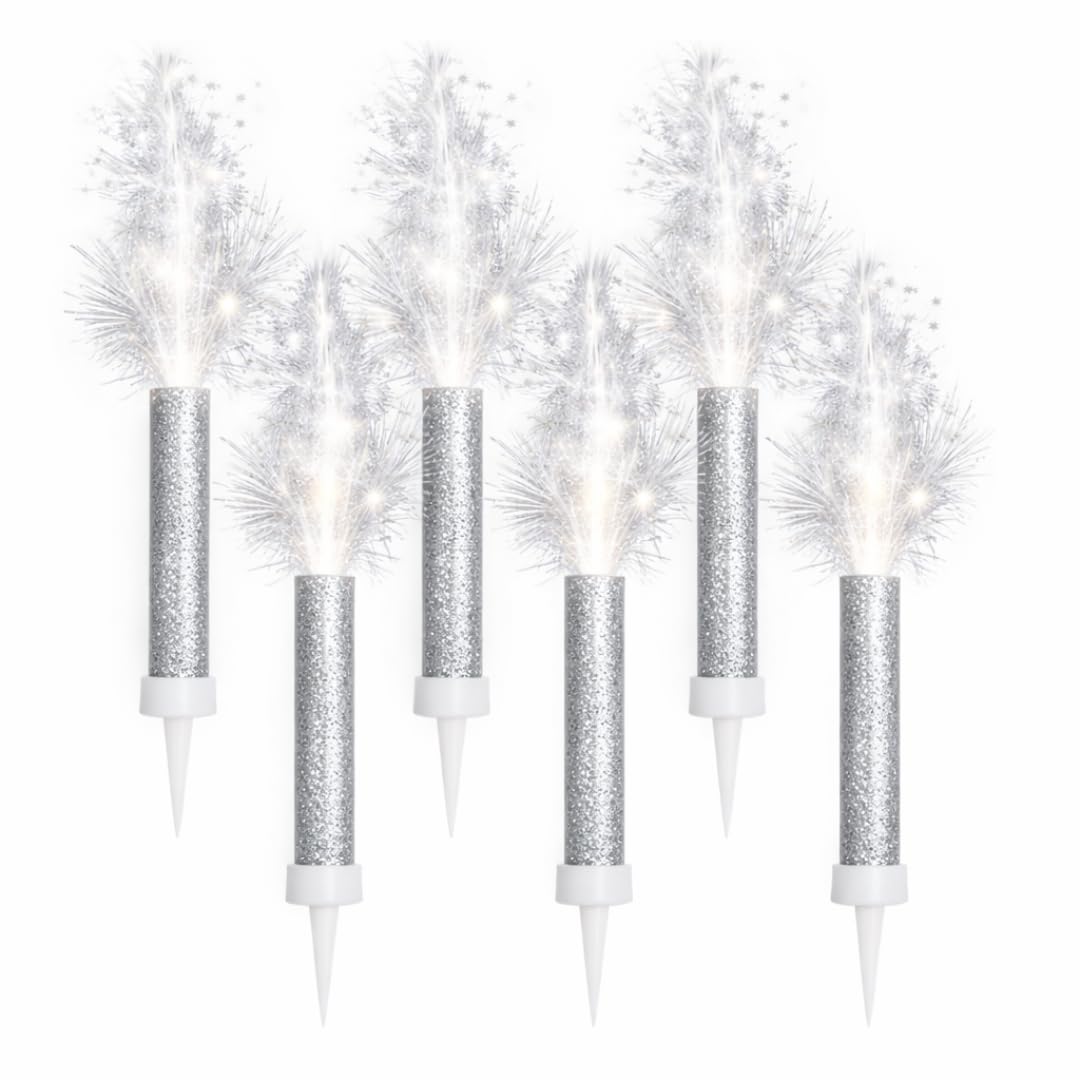 Ice Fountain Cake Sparkler Candles Birthday Cake Topper Firework Candles 15cm Indoor Sparkler Wedding Anniversary Party Decoration Colourful Cake Candles (Silver, 6 PCS)