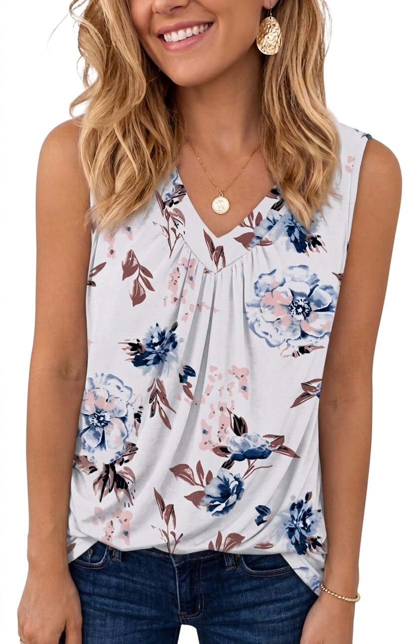 Chicrise Tank Top Damen Sommer V Ausschnitt Plissierte Basic Oberteile Ärmellos Locker Elegant Bluse Casual Leicht