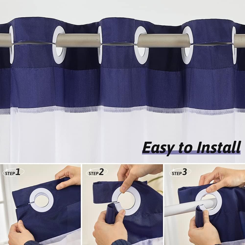 Furlinic Extra Long No Hook Shower Curtain,Polyester Fabric Shower Curtains for Bathroom with See Through Top Window,Hotel Grade Waterproof & Mahcine Washable,Navy Blue,78x96 Inch