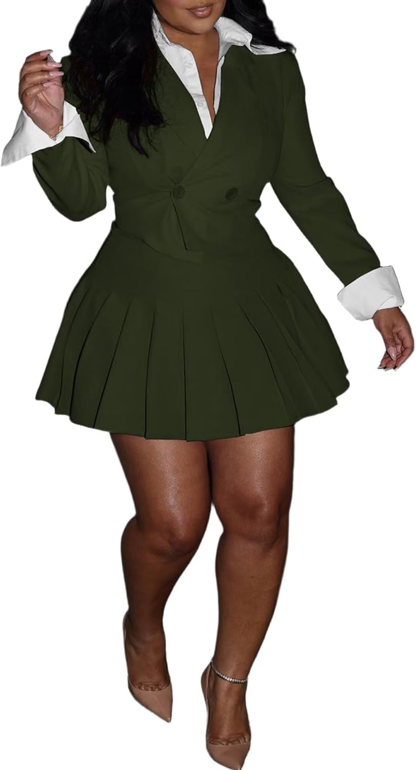 Ophestin Women 2 Piece Outfits Long Sleeve Suit Jackets Mini Pleated Skirt Fall Button Down Business Casual Blazer Sets