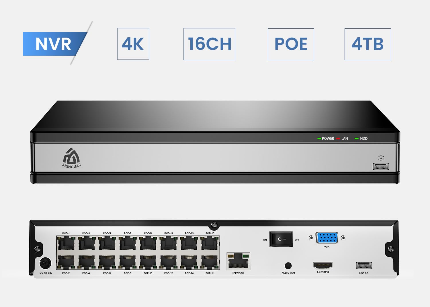 16 Canales 4K PoE NVR, Sistema de Cámara Vigilancia IP con 4TB HDD Hogar Grabador de Video Red Soporte 8MP/5MP /1080P HD Cámara de Seguridad Exterior, Sólo Funciona con Cámaras PoE Akinguar