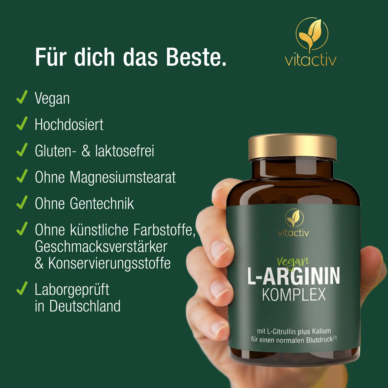 VITACTIV Arginin Komplex - L-Arginin Kapseln Hochdosiert - Mit Citrullin, Ginseng, Kalium plus B Vitamine für Blutdruck & Blutbildung - Vegan, Zuckerfrei - Laborgeprüft, 180 Arginin Kapseln