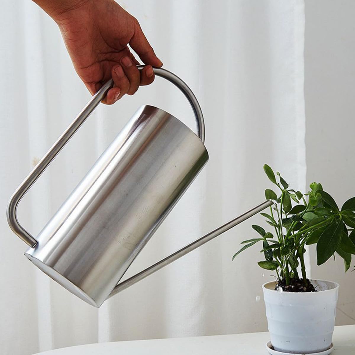 SHOWERORO Regadera Metálica Vintage con Boquilla Larga y Apertura Grande de Acero Inoxidable 1.5l para Riego Práctico en Plantas y Bonsáis en Interiores y Jardín