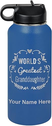 Miniatura 49 de LaserGram Botella de agua de doble pared con tapa abatible de 20 onzas con popote, la nieta más grande del mundo, grabado personalizado incluido