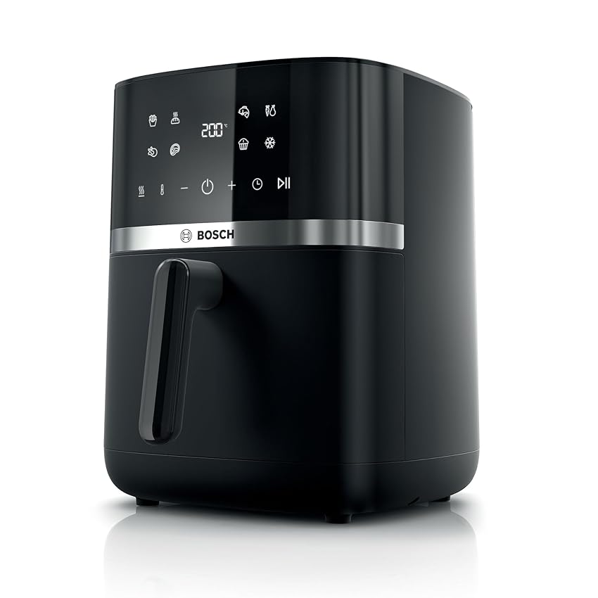 Bosch Serie 4 Friggitrice ad Aria MAF462B0, Air Fryer 6,1 L, 7 Programmi, Doppi Elementi Riscaldanti, Funzioni Defrost e Mantenimento in Caldo, Touchscreen, Cottura fino al 60%* Più Veloce, Nero