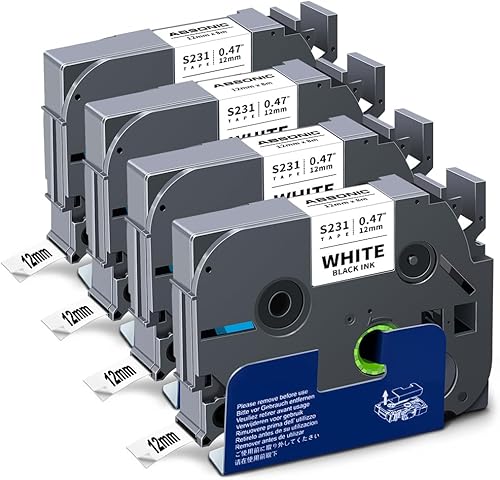 Absonic Paquete de 4 cintas de etiquetas compatibles con Brother Tze-S231 Tz-S231 Tz de 0.472in 0.47 pies, negro sobre blanco, cinta laminada