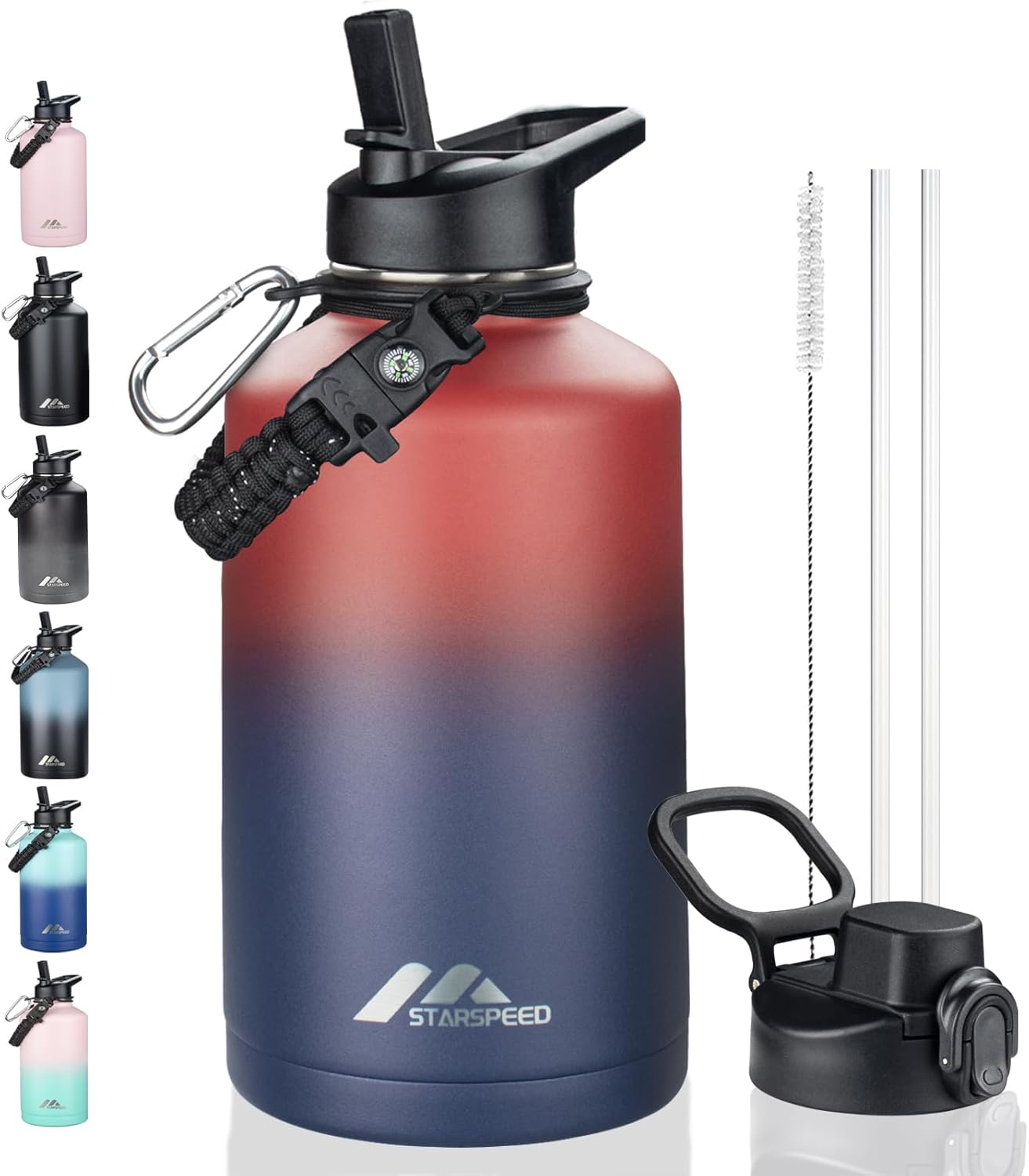 StarSpeed 64oz Insulated Water Bottle with Straws & 2 Lids, Half Gallon Stainless Steel Double Walled Vacuum Water Jug, Large Wide Mouth with Paracord Handle for Gym Camping Hiking, Red Blue