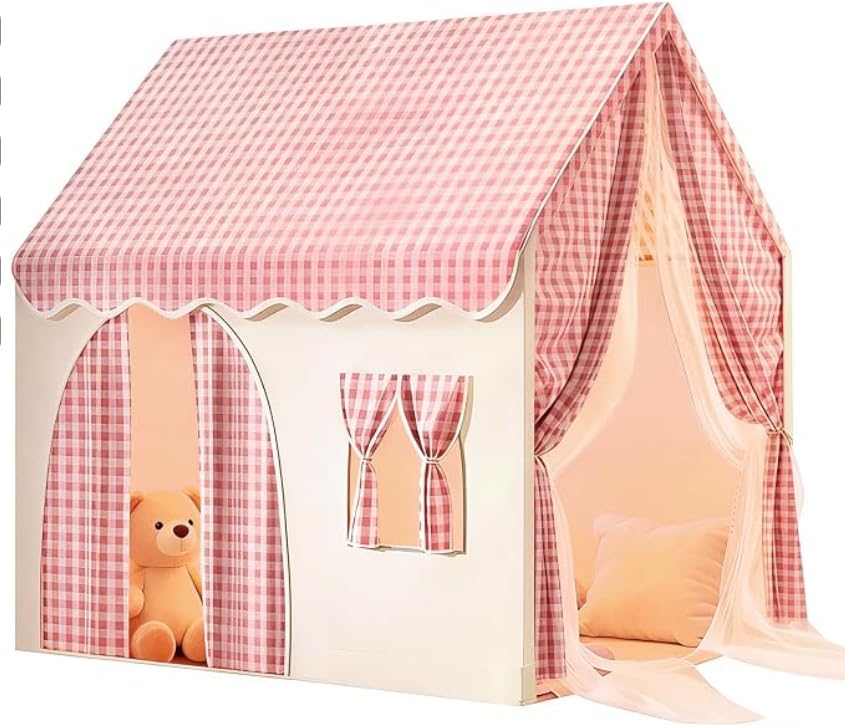 Kids Play Tent, Playhouse for Girls, Toy Hut, Indoor & Outdoor, House-shaped, Idea, Party Decoration, Pink with Checkered Pattern