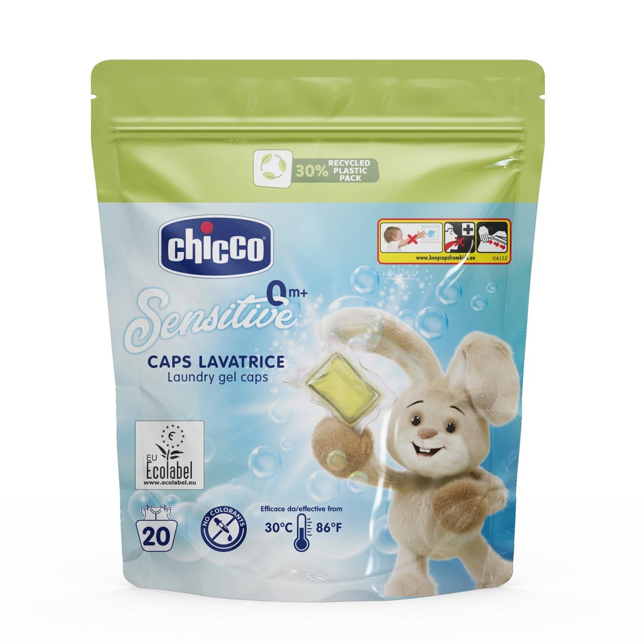 Chicco Caps Machine à laver, lessive en capsules, élimine les taches et les odeurs pour le lavage à la main et en machine à basse et haute température, hypoallergénique et testé dermatologiquement, 20