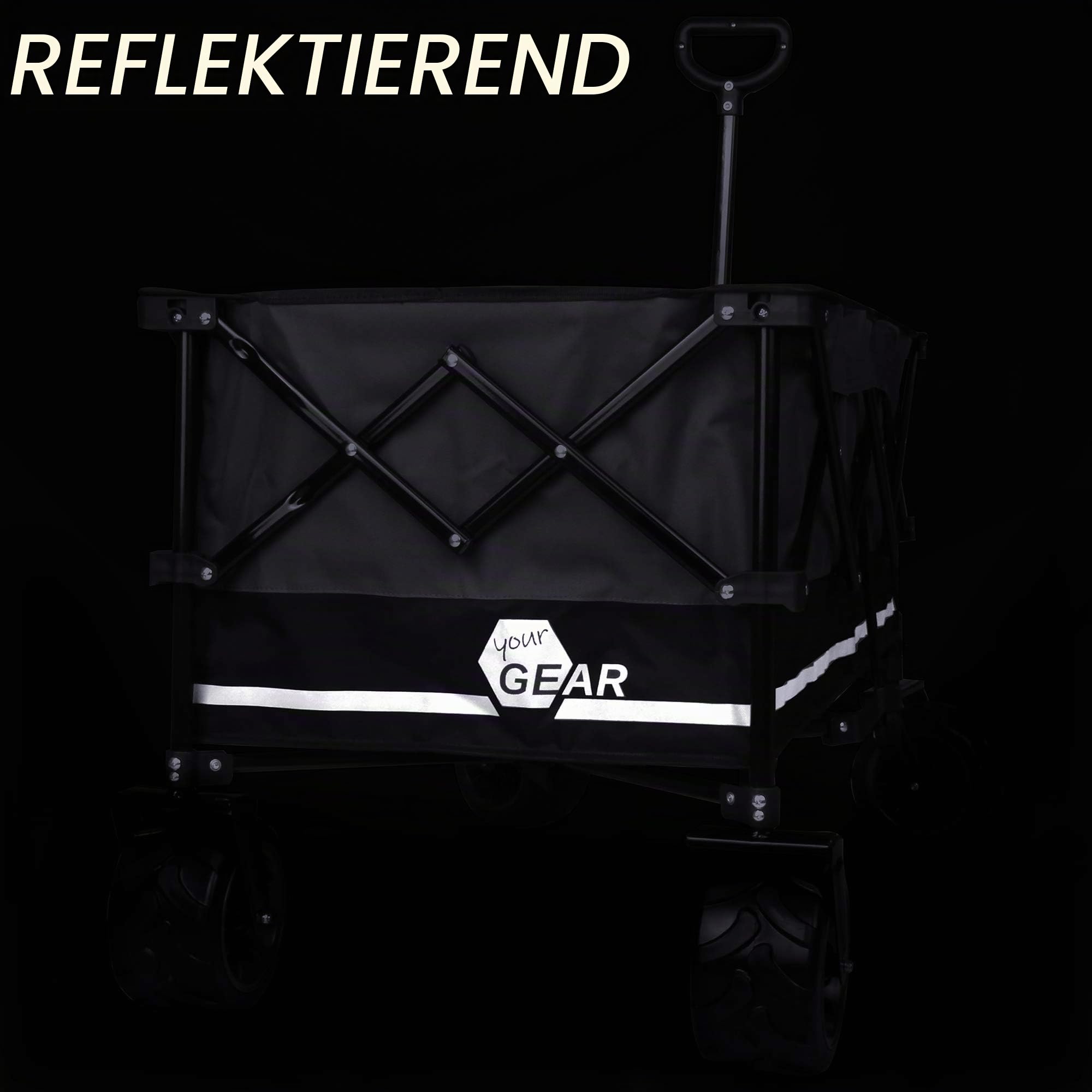 yourGEAR Bollerwagen faltbar XXL – Robuster Transportwagen mit 195l Volumen, 80 kg Belastbarkeit, 10cm All-Terrain Rädern, Outdoor Trolley klappbar, Handwagen mit 2 Getränkehalter für Strand & Camping